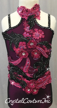 Custom Pink & Black Leotard - Beaded Appliques & Swarovski Rhinestones