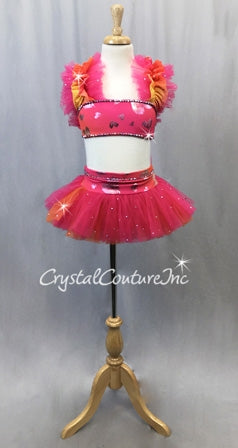 Pink, Orange, Yellow 2pc Crop-top and Tulle Skirt - Swarovski Rhinestone