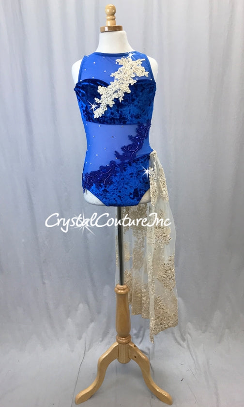 Royal Blue Crushed Velour/Mesh Leotard w/Champagne Embroidered Side Skirt