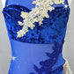 Royal Blue Crushed Velour/Mesh Leotard w/Champagne Embroidered Side Skirt