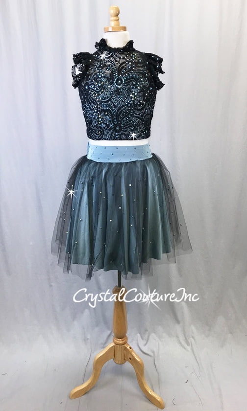 Slate Blue Lycra and Black Lace Top with Tulle/Lycra Skirt - Rhinestones