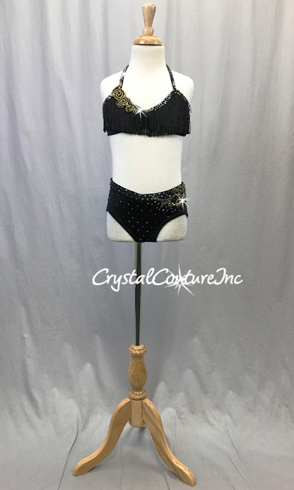 Black 2 pc Halter-top and Black Brief w/appliques - Swarovski Rhinestones