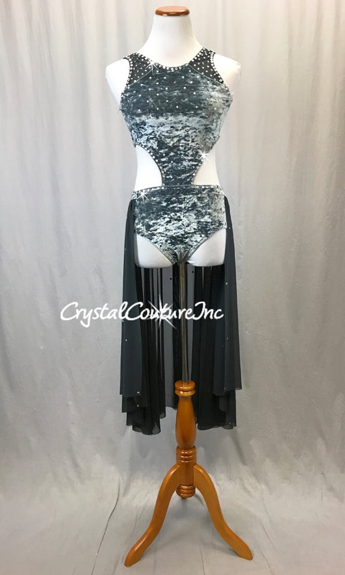 Slate Gray Stretch Velour and Charcoal Mesh Connected 2-Piece - Swarovski Rhinestones