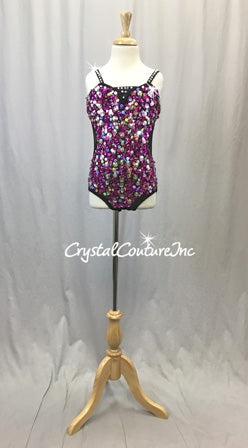 Black Lycra Leotard w/Sewn On Fuchsia/Pink Sequins and Rhinestones - Swarovski Rhinestones