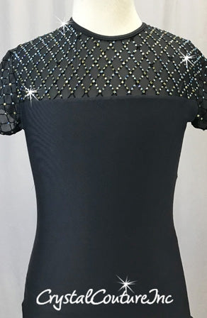 Black Cap Sleeve Leotard with Sheer Diamond Pattern Neckline - Rhinestones