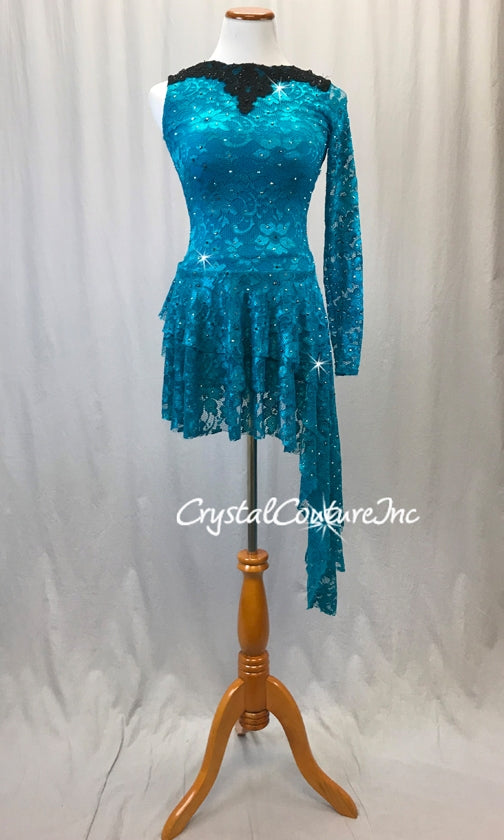 Teal Blue Open Net Lace One-sleeved Dress with Separate Trunk - Swarovski Rhinestones