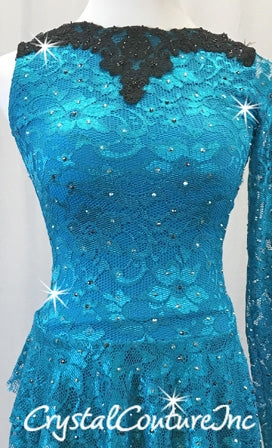 Teal Blue Open Net Lace One-sleeved Dress with Separate Trunk - Swarovski Rhinestones