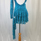 Teal Blue Open Net Lace One-sleeved Dress with Separate Trunk - Swarovski Rhinestones