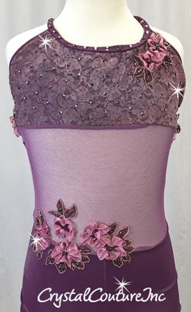 Plum Mesh/Lycra Biketard w/Beaded Floral Appliques - Swarovski Rhinestones