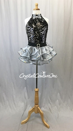 Black and Silver Halter Dress with Ruffled Skirt - Swarovski Rhinestones