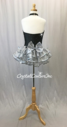 Black and Silver Halter Dress with Ruffled Skirt - Swarovski Rhinestones