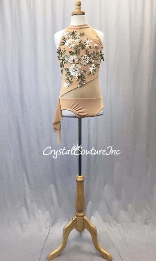 Nude Lycra and Sheer Mesh with Floral Appliques - Rhinestones