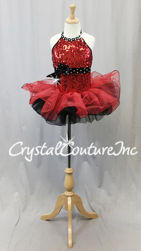 Red and Black Sequined Dress with Structured Tulle Skirt - Swarovski Rhinestones