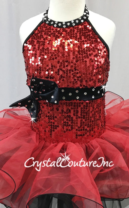 Red and Black Sequined Dress with Structured Tulle Skirt - Swarovski Rhinestones