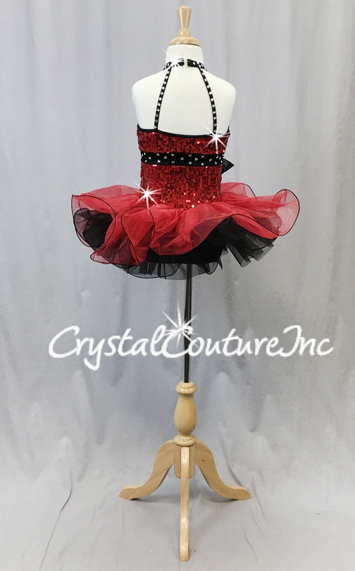 Red and Black Sequined Dress with Structured Tulle Skirt - Swarovski Rhinestones