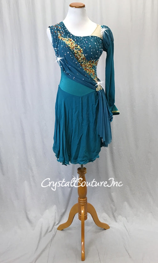 Emerald Green Dress with Silk Skirt & Gold Trim - Swarovski Rhinestones