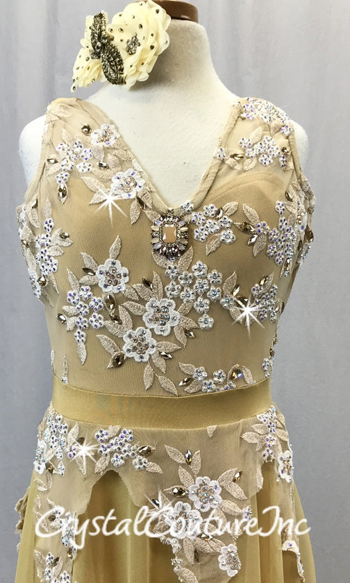Gold Sheer Mesh Dress with Leotard - Embroidered Appliques - Swarovski Rhinestones