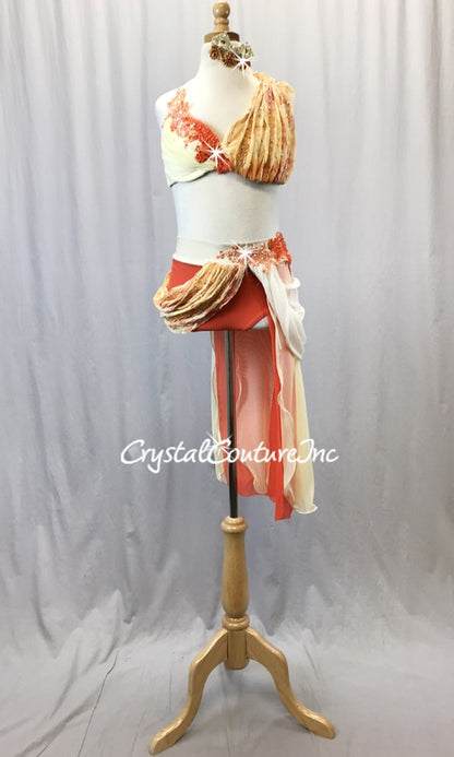 Ivory/Pale Yellow /Orange Bra Top & Trunk with Draped Skirt - Swarovski Rhinestones
