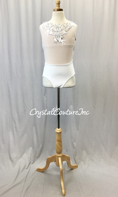 White Sheer Mesh and Lycra Leotard - Appliques - Swarovski Rhinestones