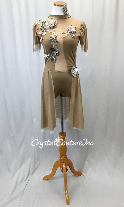 Custom Mocha Brown Mesh Biketard w/Half Skirt - Bronze/Blue Appliques & Swarovski Rhinestones