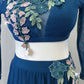 Teal Mesh 2-Piece Long Sleeve Crop Top and High-Low Skirt w/Teal and Pink Floral Appliques - Swarovski Rhinestones