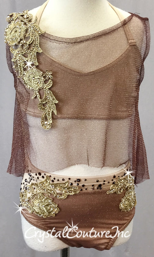 Burgundy Metallic Mesh with Nude Lycra Bra Top, Briefs and Gold Appliques - Swarovski Rhinestones