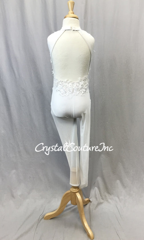 White Sheer Mesh Unitard with Lycra Top & Trunk - Embroidered Appliques