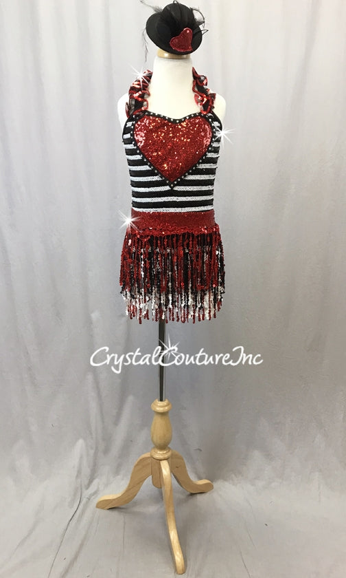 Black and White One Piece with Red Accents and Sequin Fringe Skirt - Swarovski Rhinestones