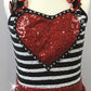 Black and White One Piece with Red Accents and Sequin Fringe Skirt - Swarovski Rhinestones