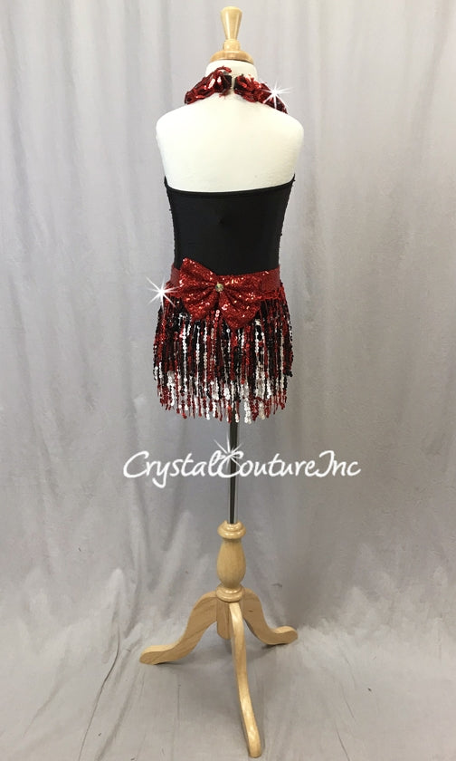 Black and White One Piece with Red Accents and Sequin Fringe Skirt - Swarovski Rhinestones