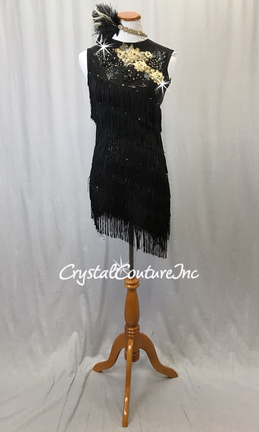 Custom Forty's Inspired Black Zsa Zsa Sequin Asymmetrical Dress with Fringe - Swarovski Rhinestones