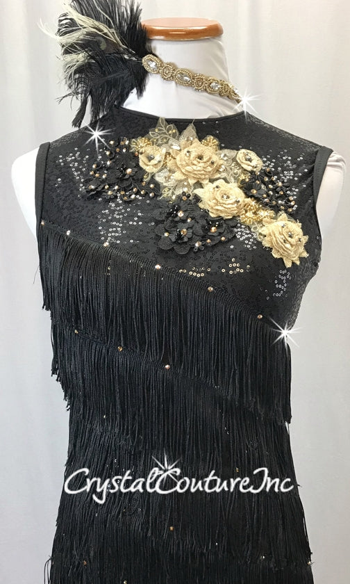 Custom Forty's Inspired Black Zsa Zsa Sequin Asymmetrical Dress with Fringe - Swarovski Rhinestones