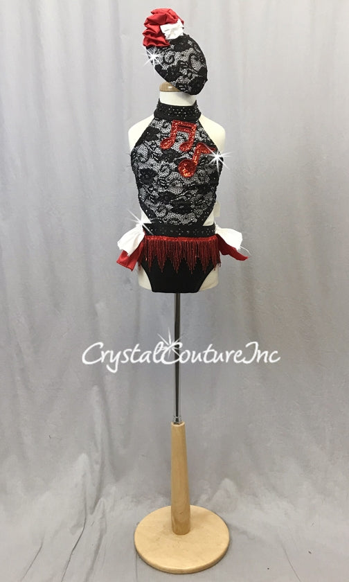 Black and White Connected 2 Piece with Red Accents - Swarovski Rhinestones
