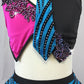 Turquoise Blue Stripe, Hot Pink & Black 3 Piece Crop Top, Tie and Skirt/Brief - Swarovski Rhinestones