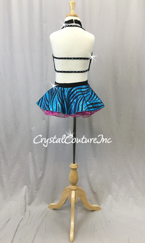 Turquoise Blue Stripe, Hot Pink & Black 3 Piece Crop Top, Tie and Skirt/Brief - Swarovski Rhinestones