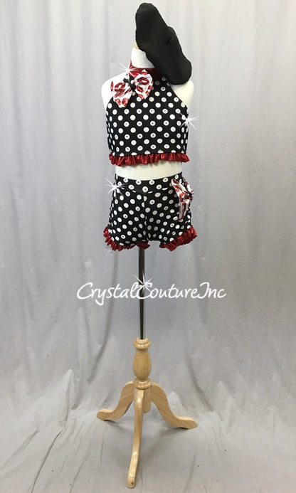 Black and White Polka Dot Crop Top & Trunks with Red Accents - Swarovski Rhinestones