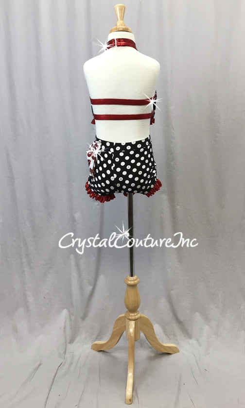 Black and White Polka Dot Crop Top & Trunks with Red Accents - Swarovski Rhinestones