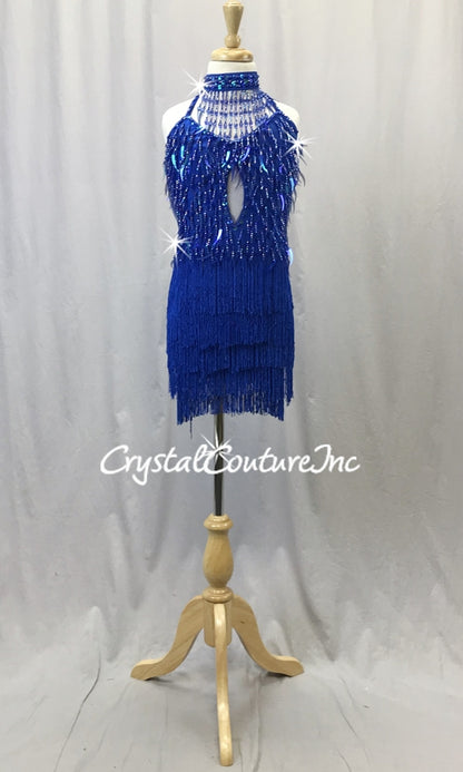 Royal Blue Halter Dress with Beaded Fringe and 5 Rows Chainette Fringe