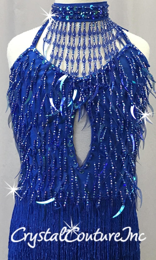 Royal Blue Halter Dress with Beaded Fringe & 5 Rows Chainette Fringe