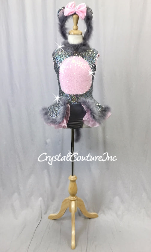 Mouse Inspired Gray and Pink Zsa Zsa Sequin Dress w/Gray Feather Accents - Swarovski Rhinestones