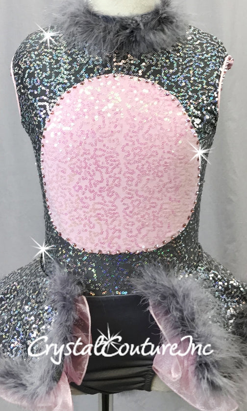 Mouse Inspired Gray and Pink Zsa Zsa Sequin Dress w/Gray Feather Accents - Swarovski Rhinestones