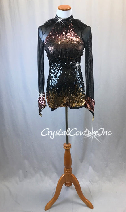 Black, Gold, Bronze & Pink Sequin Long Sleeve Biketard - Swarovski Rhinestones