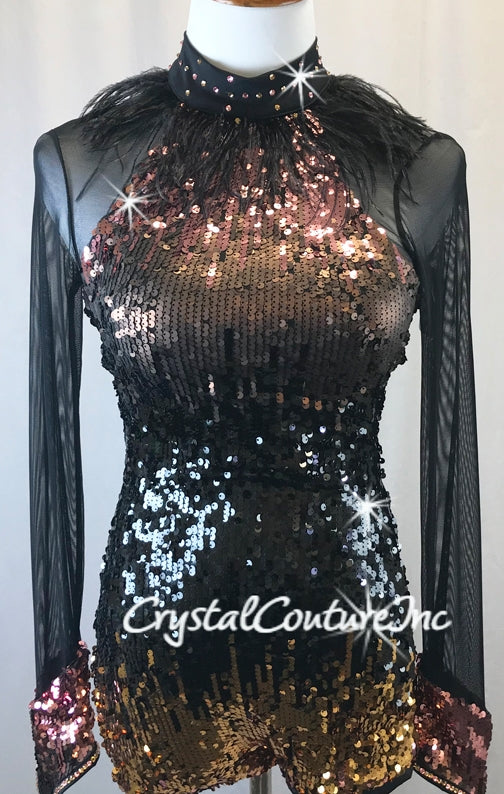 Black, Gold, Bronze & Pink Sequin Long Sleeve Biketard - Swarovski Rhinestones