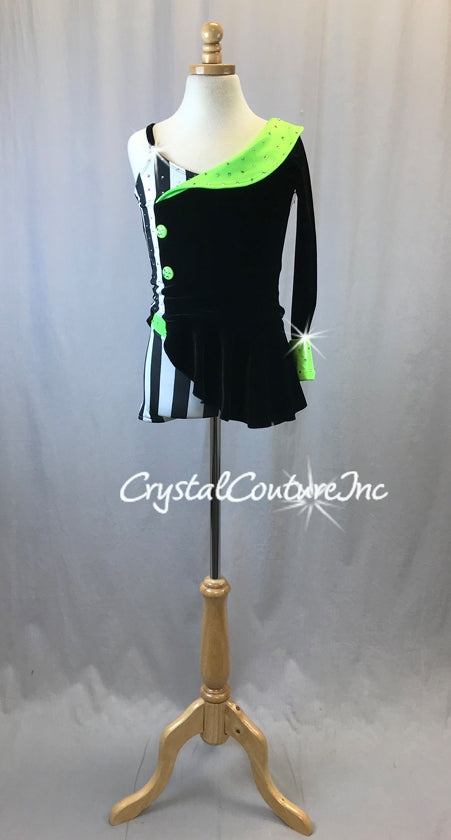 Black Velour, Black/White Stripe with Green One Sleeve Top with Trunks - Swarovski Rhinestones