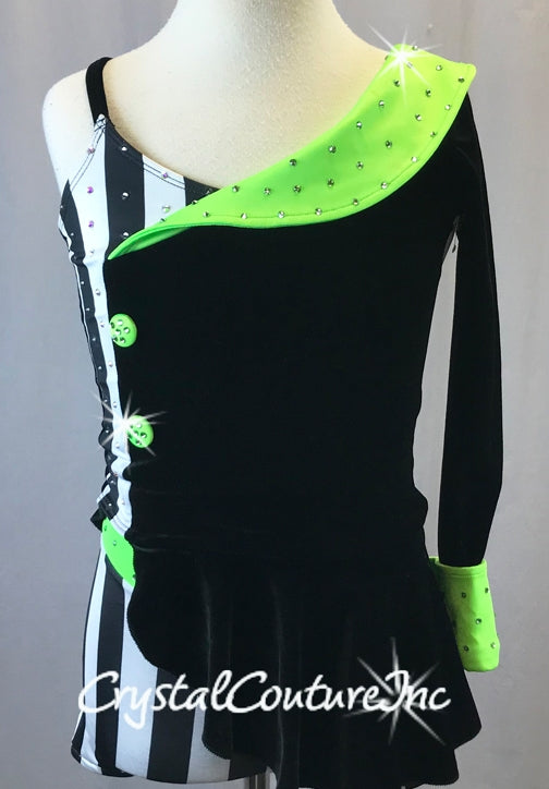 Black Velour, Black/White Stripe with Green One Sleeve Top with Trunks - Swarovski Rhinestones