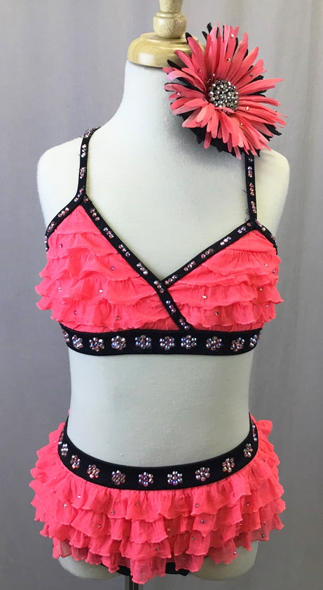 Hot Pink and Black and Pink 2pc with Ruffles - Swarovski Rhinestones