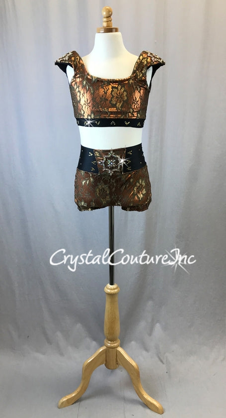 Bronze and Brown Lace 2pc Top & Short with Appliques - Swarovski Rhinestones