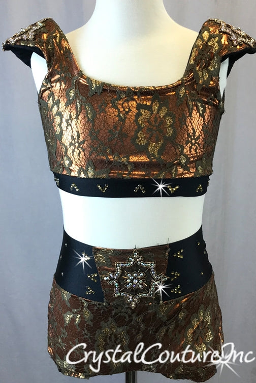 Bronze and Brown Lace 2pc Top & Short with Appliques - Swarovski Rhinestones