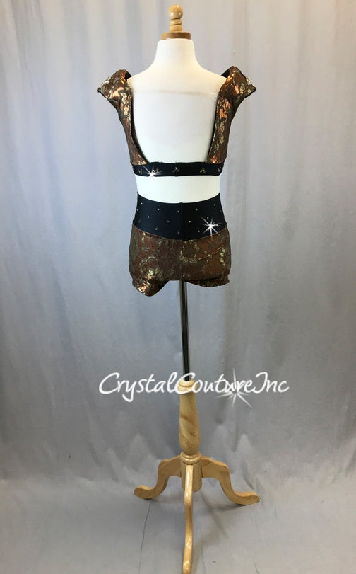 Bronze and Brown Lace 2pc Top & Short with Appliques - Swarovski Rhinestones