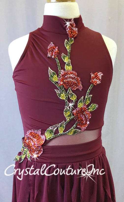 Burgundy High Neck Biketard with Sheer Skirt - Appliques & Swarovski Rhinestones